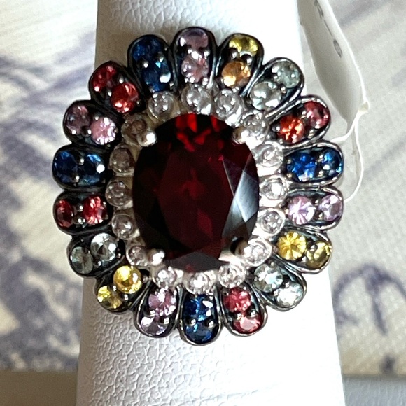 Cocktail Ring Faceted Red Quartz Multi Gemstone Flower Ring Signed FP Sz 6 VTG - Picture 1 of 14